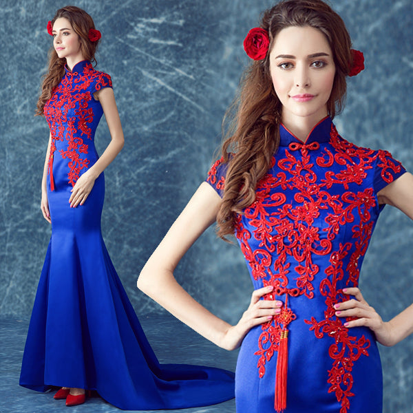 Cheongsam Top Mermaid Evening Dress with Floral Embroidery Appliques