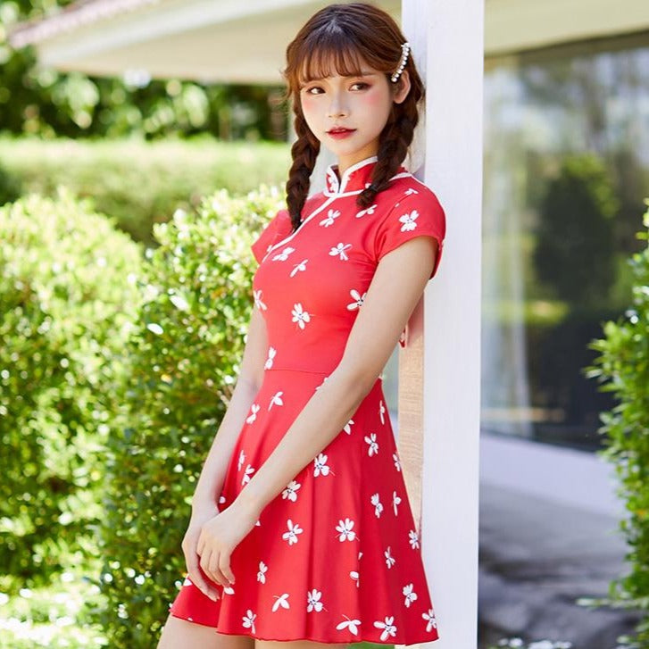 Cheongsam Top Pleated Skirt 2-pieces Floral Swimsuit