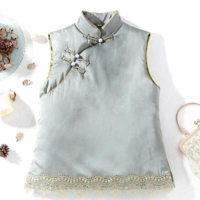 Cheongsam Top Retro Chinese Wadded Waistcoat Vest with Lace Edge