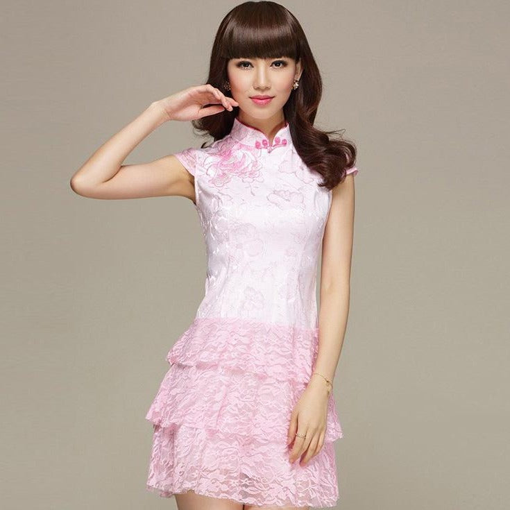 Cheongsam Top Tiered Skirt Knee Length Chinese Dress