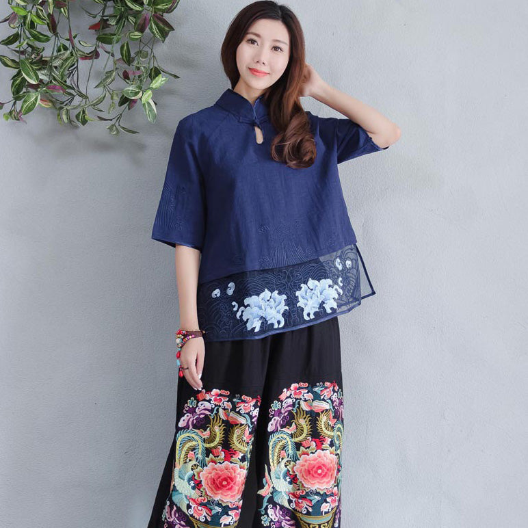 Cheongsam Top Traditional Chinese Blouse with Floral Embroidery Edge