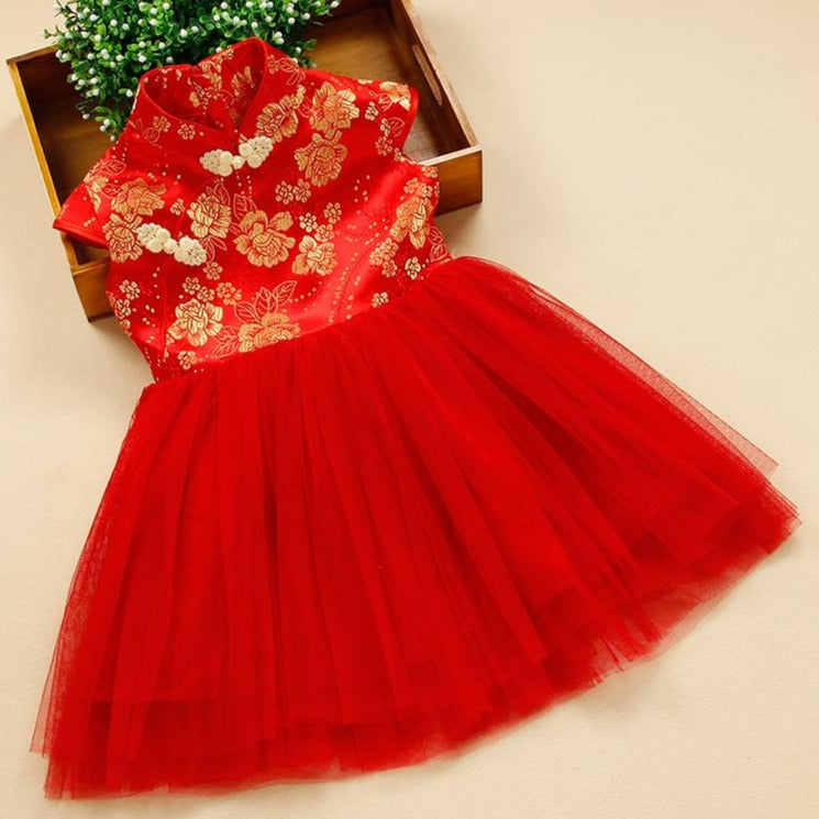 Cheongsam Top Tulle Skirt Kid's Floral Prom Dress