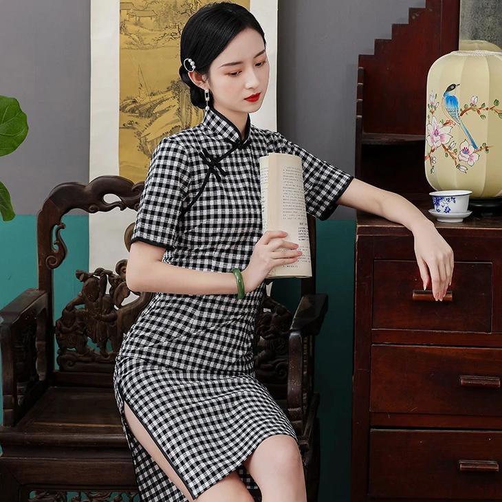 Chic Half Sleeve Knee Length Cheongsam Plaids & Checks Chinese Dress