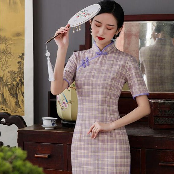 Chic Knee Length Cheongsam Plaids & Checks Chinese Dress