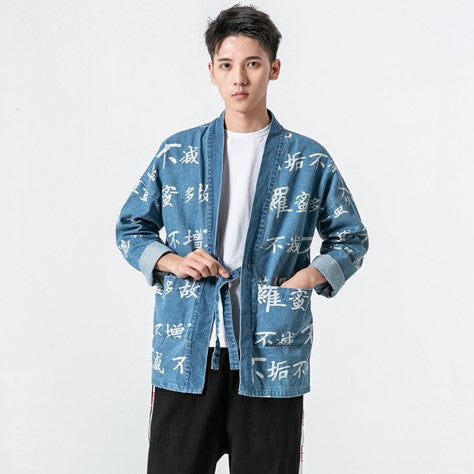 Chinese Characters Pattern Men's Cardigan Kimono Shirt Samurai Costume