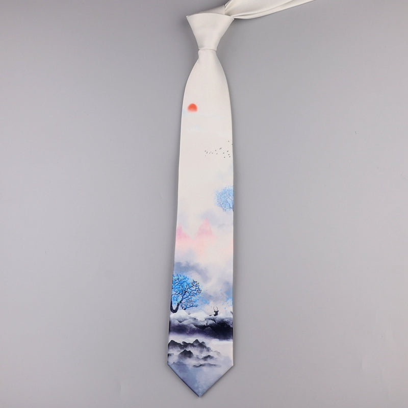 Chinese Landscape Painting Pattern Oriental Style Gentleman Necktie