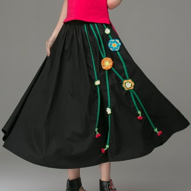 Chinese Style Floral Appliques Midaxi Skirt