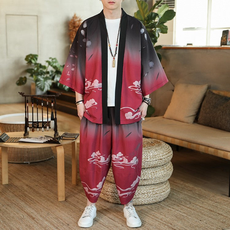 Chinese Style Floral Silk Casual Kimono Suit