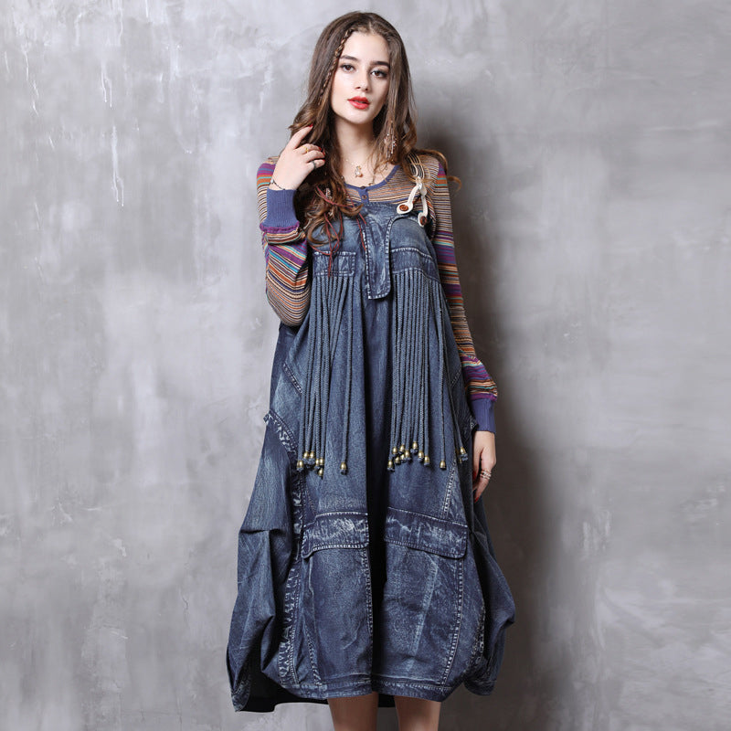 Chinese Style Jean Skirt Dress with Tassels