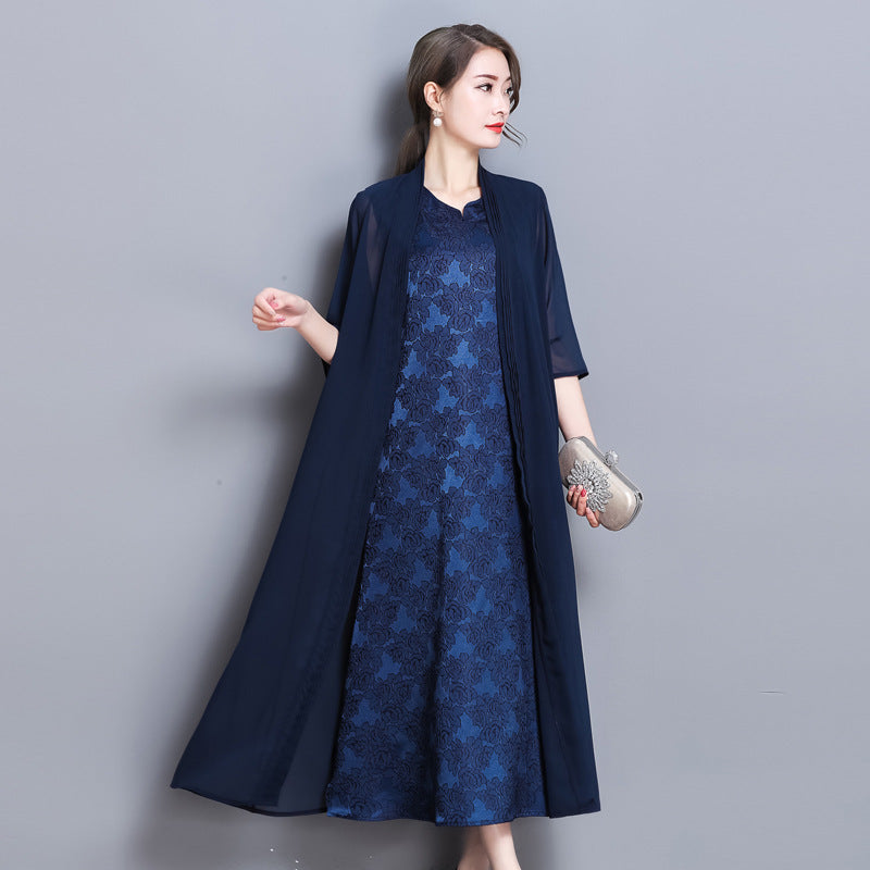 Chinese Style Retro Lace Dress with Chiffon Shawl