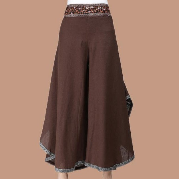 Chinese Style Women's Loose Pants with Floral Embroidery Waistband