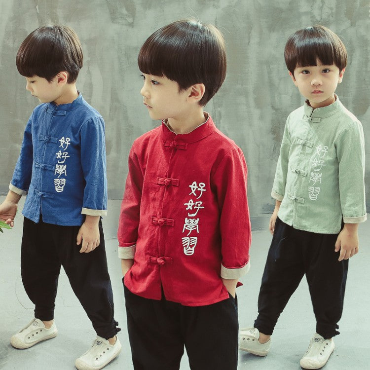 Chinese Words Embroidery Signature Cotton Kid's Kung-fu Suit Traditional Chinese Suit