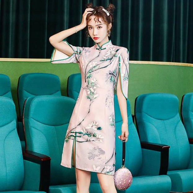 Circular Cape Floral Velvet Modern Cheongsam Day Dress