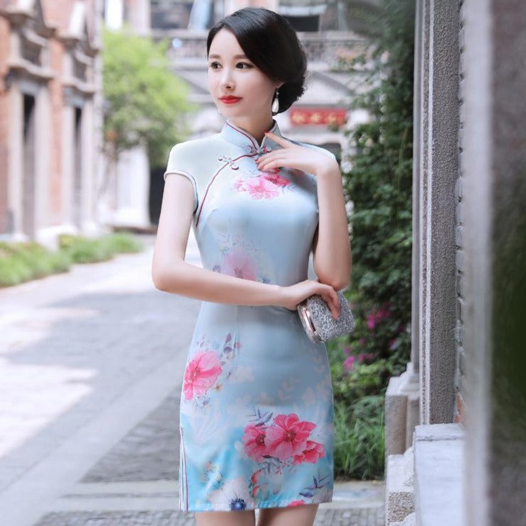 Classic Floral Silk Cheongsam Mini Chinese Dress Evening Gown