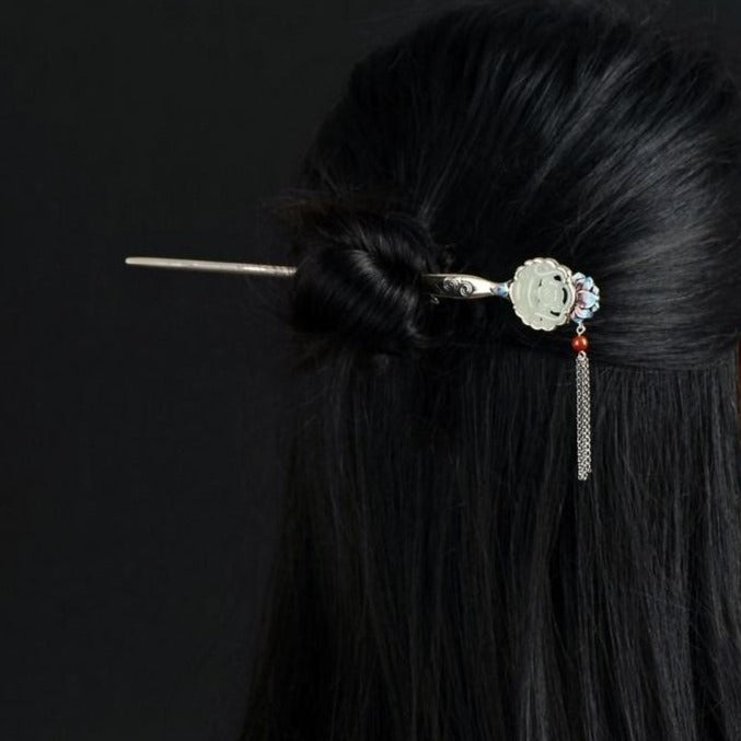 Cloisonne Flower Jade Sterling Silver Retro Chinese Style Hairpin with Tassels