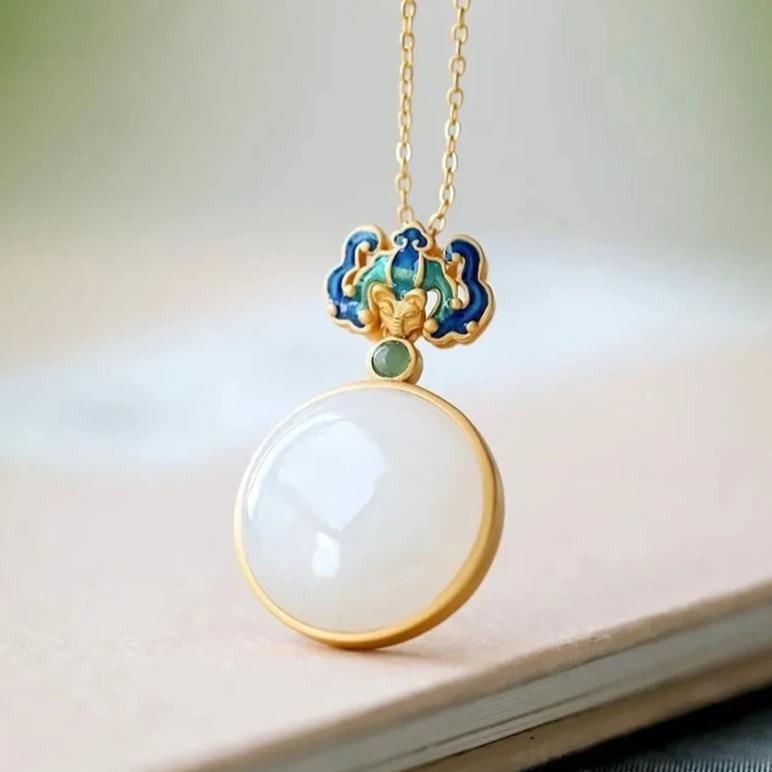 Cloisonne & White Jade Pendant Gilding Necklace