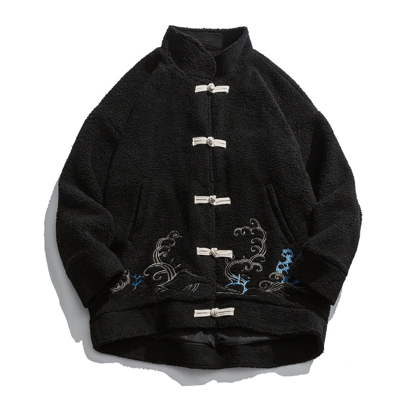 Clouding Embroidery Thick Camo Fleece Unisex Chinese Style Jacket