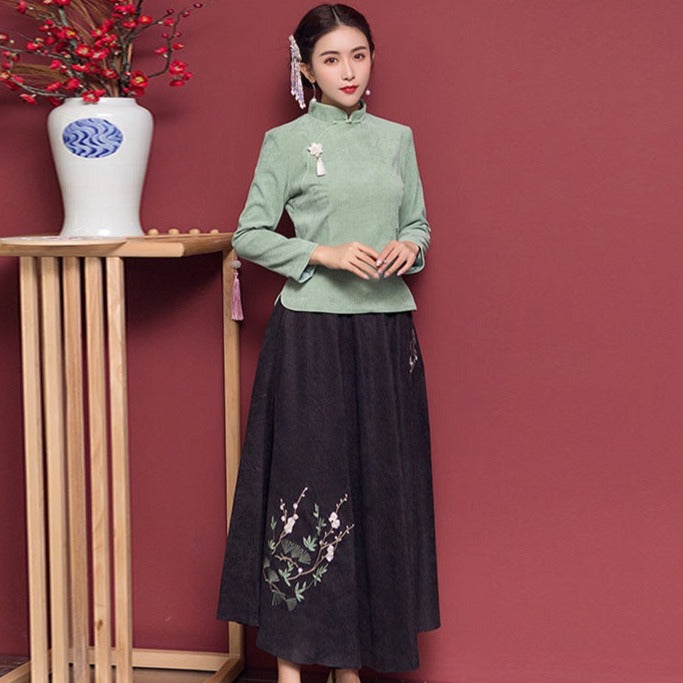 Corduroy Cheongsam Top Floral Embroidery Skirt Chinese Style Women's Suit