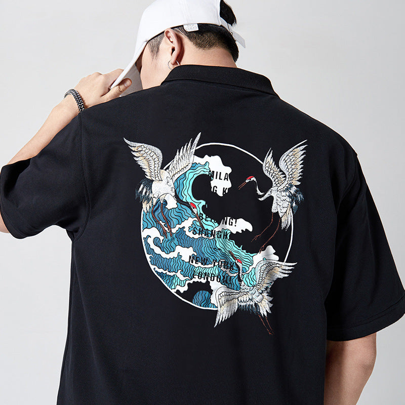 Crane Embroidery 100% Cotton Lapel Collar Chinese T-shirt