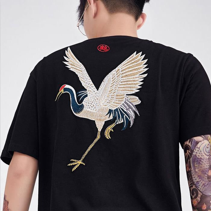 Crane Embroidery 100% Cotton Short Sleeve Unisex T-shirt