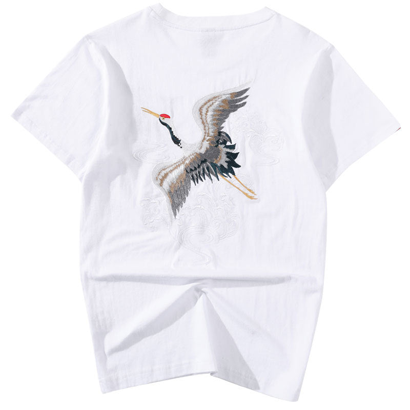 Crane Embroidery 100% Cotton Short Sleeve Unisex T-shirt