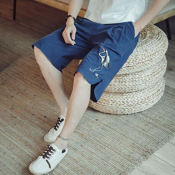 Crane Embroidery Cotton Beach Pants Loose Pants Chinese Style Shorts