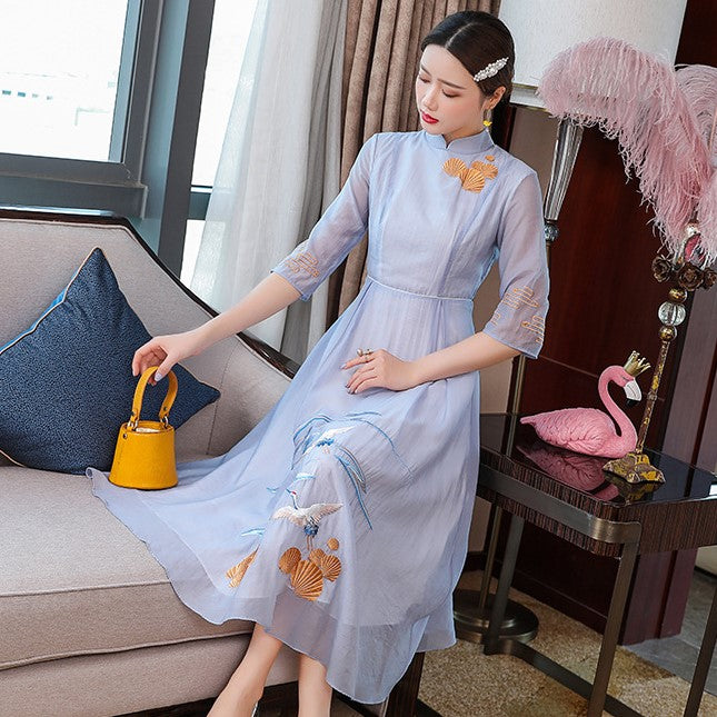 Crane Embroidery Half Sleeve Hanfu Causal Dress Traiditonal Chinese Costume