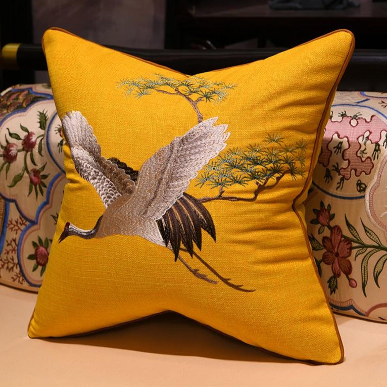 Crane Embroidery Linen Traditional Chinese Cushion Covers