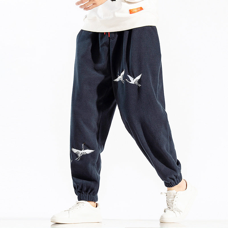 Crane Embroidery Polar Fleece Chinese Style Unisex Casual Pants