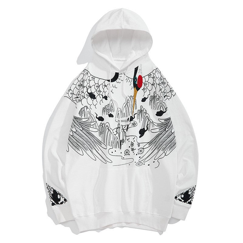 Crane Embroidery Unisex Oriental Hoodie Cotton Sweatshirt