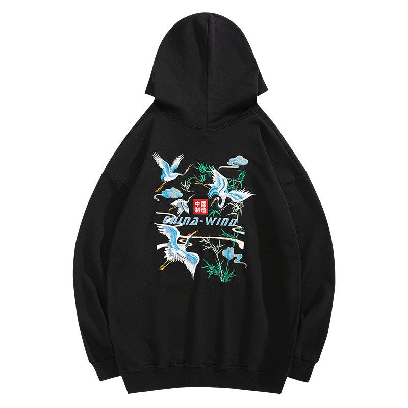 Crane Embroidery Unisex Oriental Hoodie Cotton Sweatshirt