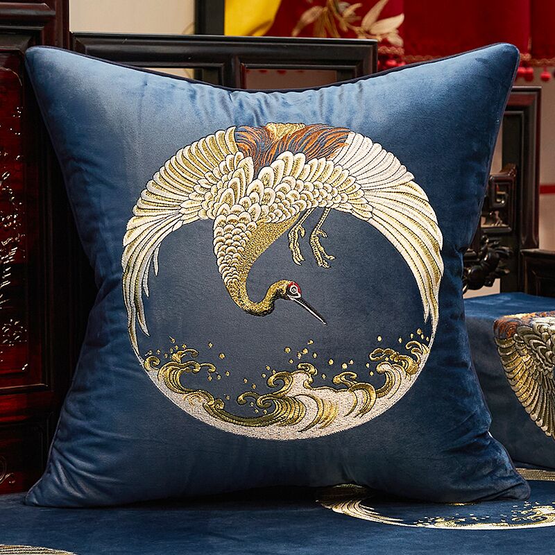 Crane Embroidery Velvet Traditional Chinese Cushion Covers