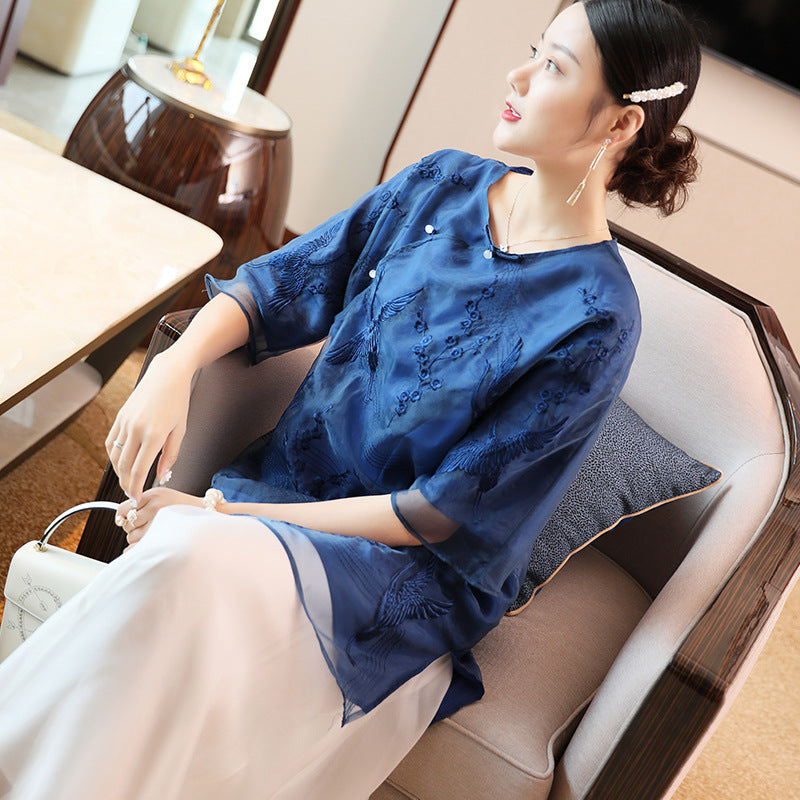 Crane & Floral Embroidery Round Neck Tulle Chinese Shirt