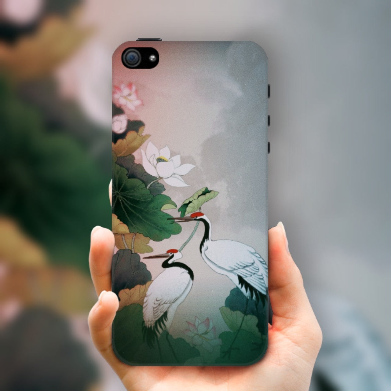 Crane & Lotus Pattern Oriental Mobile Phone Case Compatible All iPhone Series