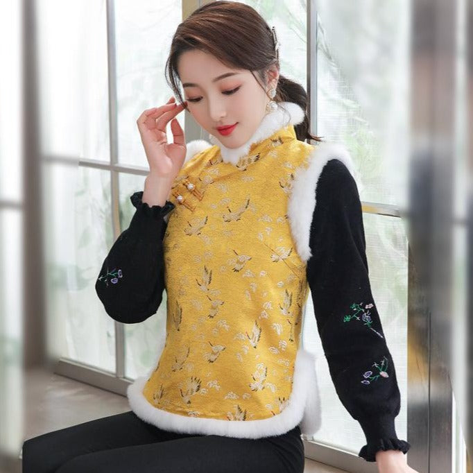 Crane Pattern Brocade Fur Edge Chinese Wadded Waistcoat Vest