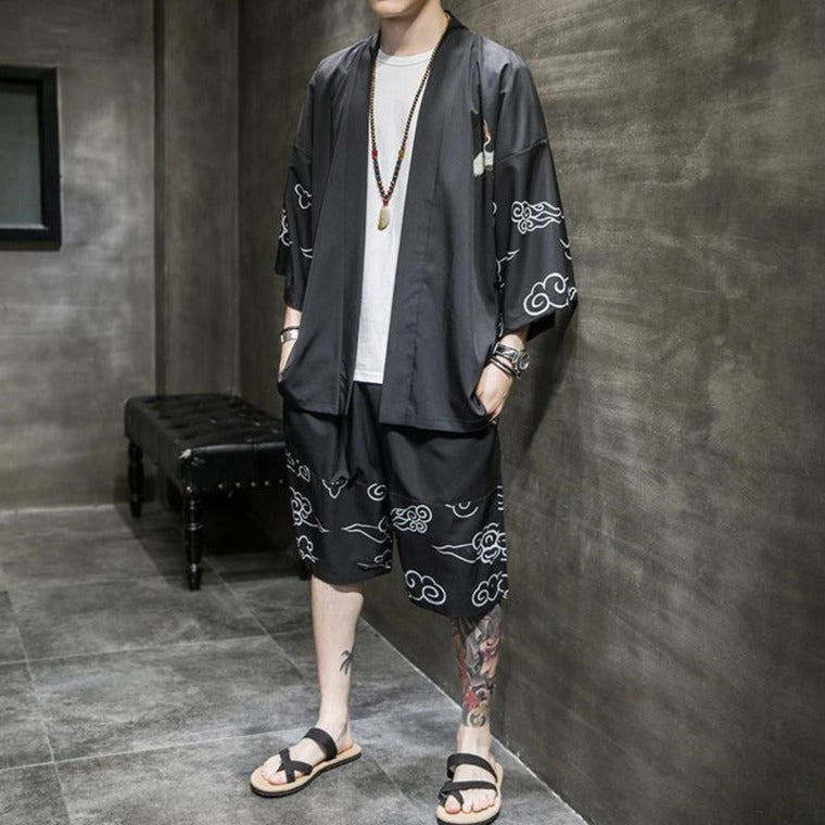 Crane Pattern Chinese Style Casual Kimono Suit