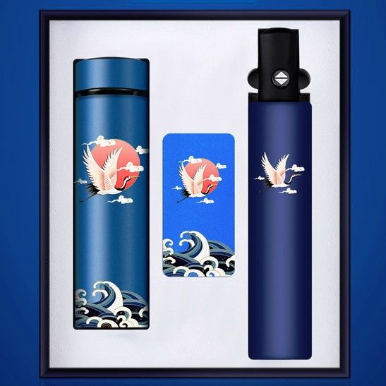 Crane Pattern Chinese Style Smart Thermos & Folding Umbrella Power Bank Gift Box