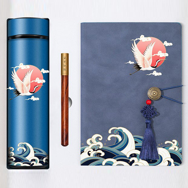 Crane Pattern Chinese Style Smart Thermos Notebook Ball Pen Gift Box