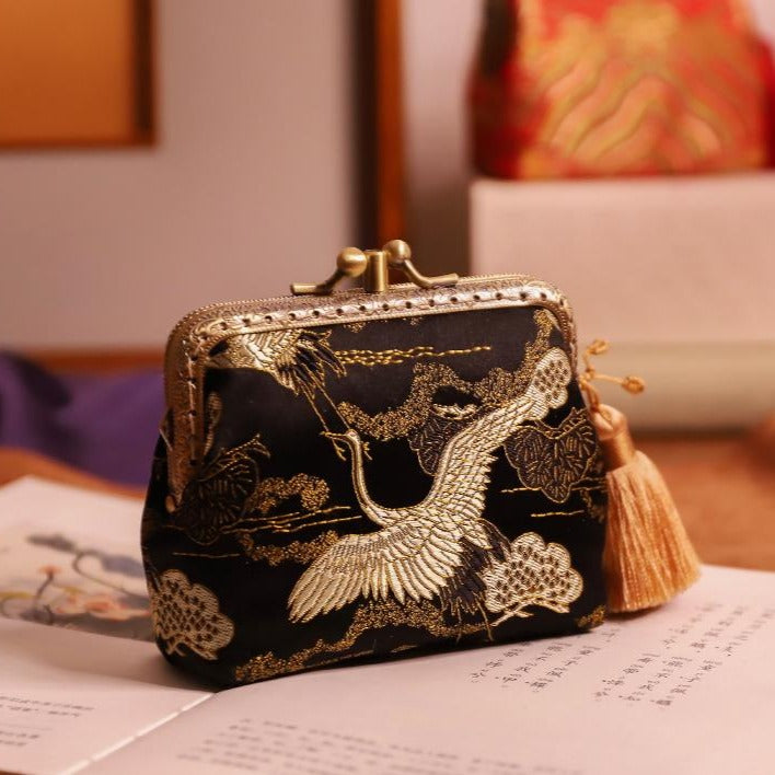 Crane Pattern Multi-Level Brocade Chinese Purse Wallet