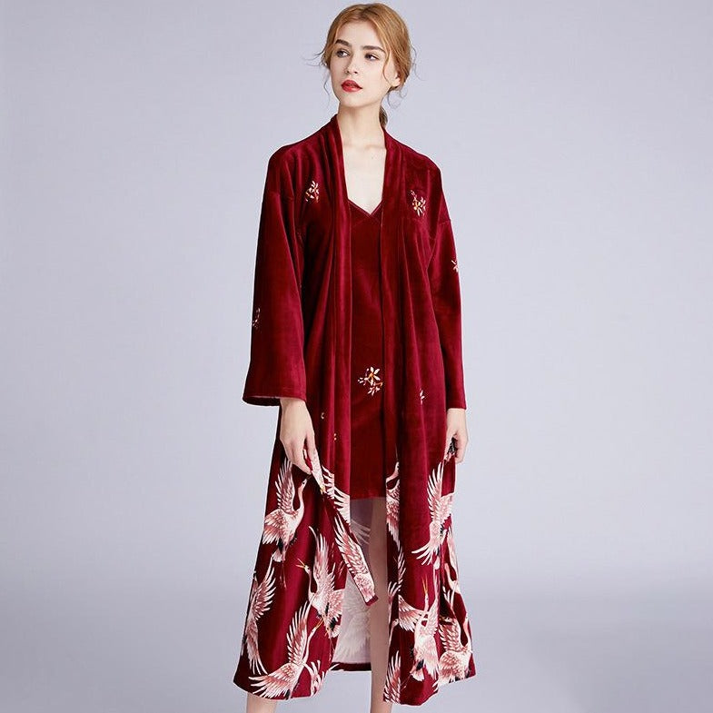 Crane Pattern Velvet Sleepwear Pyjamas Slip Dress Suit