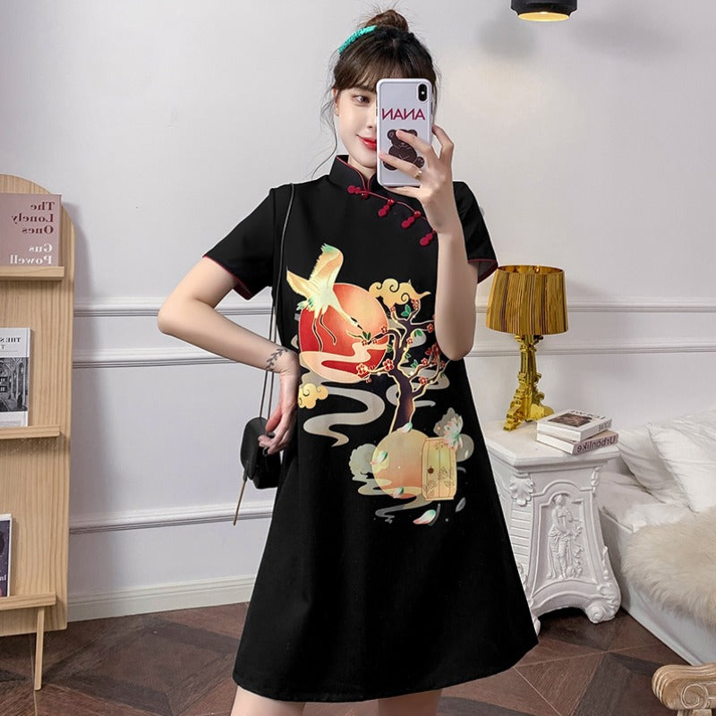 Crane & Pine Pattern Modern Cheongsam Chic Knee Length A-Line Dress