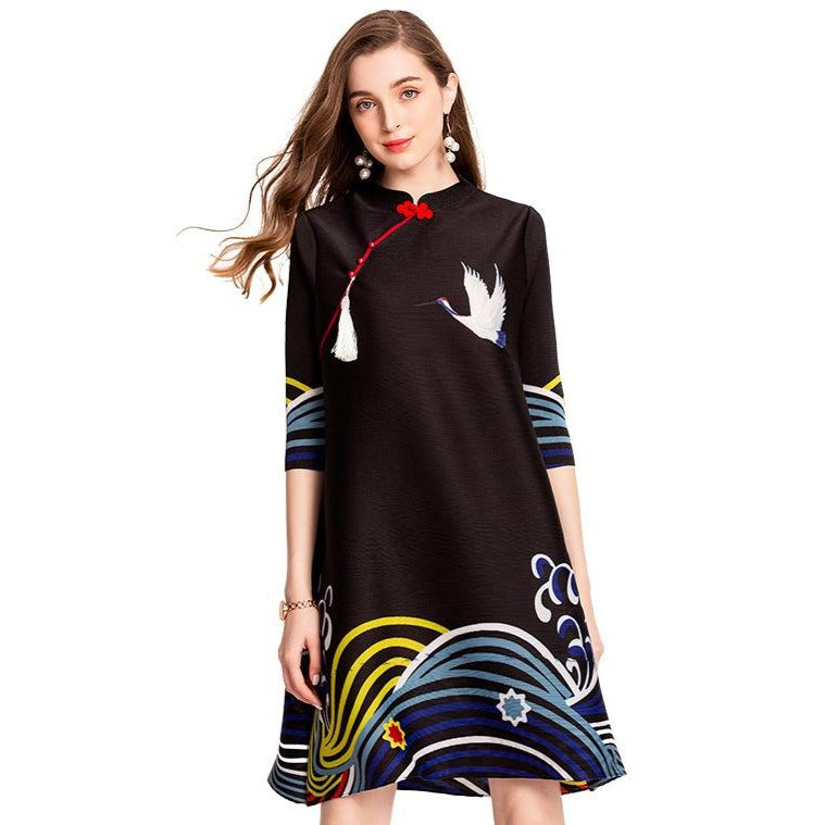 Crane & Waves Pattern Modern Cheongsam Mini A-line Dress