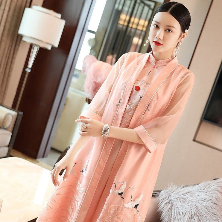 Cranes Embroidery Han Chinese Costume 2-piece Suit