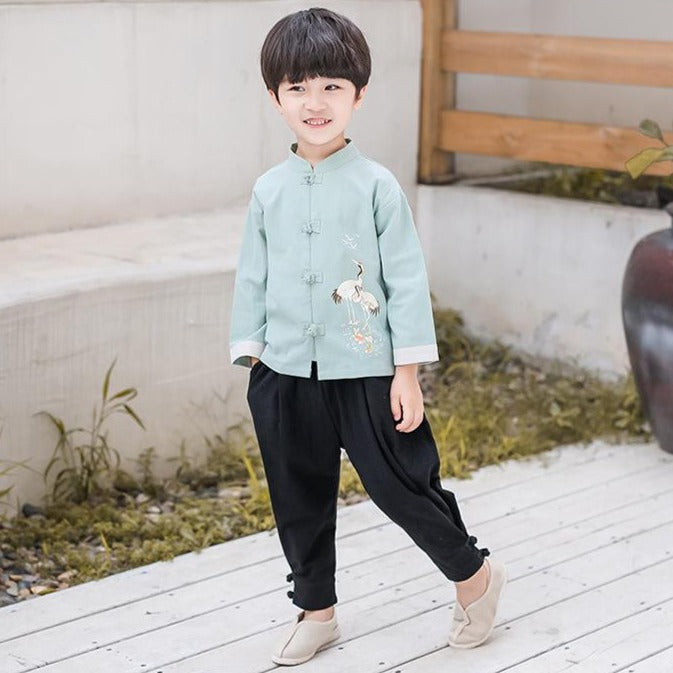 Cranes Embroidery Signature Cotton Kid's Kung-fu Suit Traditional Chinese Suit