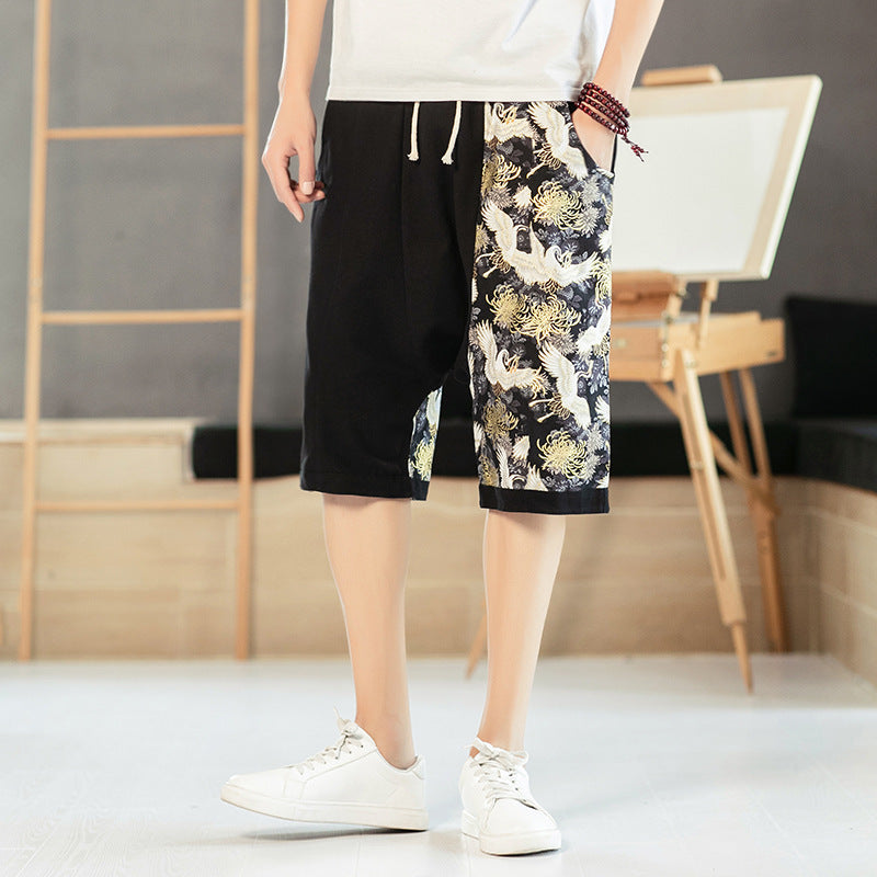 Cranes Pattern Linen Beach Pants Loose Pants Chinese Style Shorts