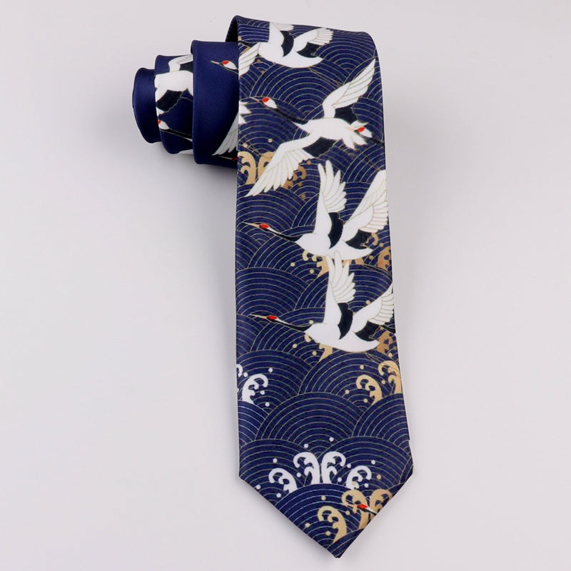 Cranes & Sea Wave Pattern Oriental Style Gentleman Necktie