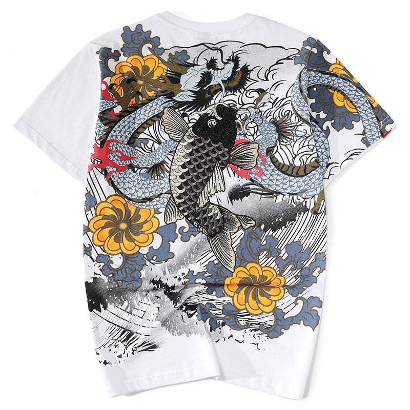 Cyprinus & Dragon Embroidery 100% Cotton Short Sleeve Unisex T-shirt