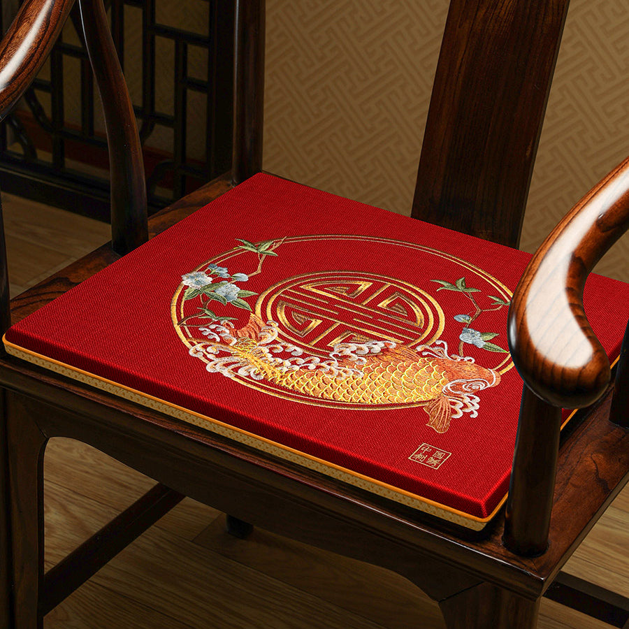 Cyprinus Embroidery Linen Traditional Chinese Seat Cushion