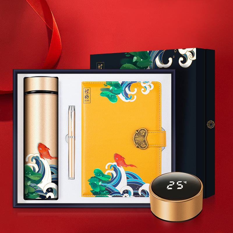 Cyprinus Pattern Chinese Style Smart Thermos Notebook Ball Pen Gift Box