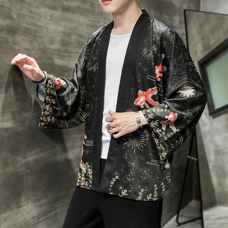 Cyprinus Pattern Retro Men's Cardigan Kimono Shirt Samurai Costume